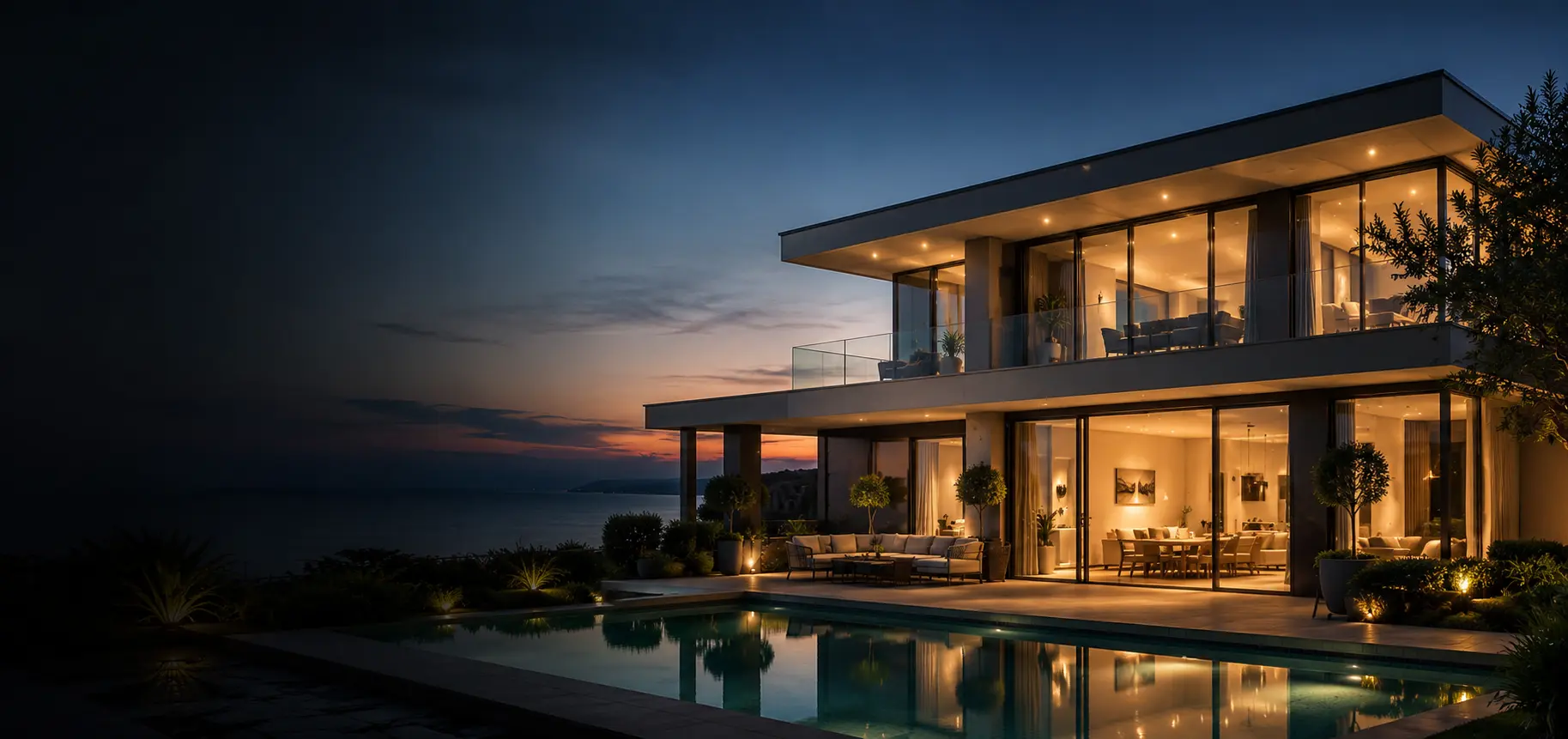 Villa terrace with panoramic aluminium glazing overlooking the sea at night