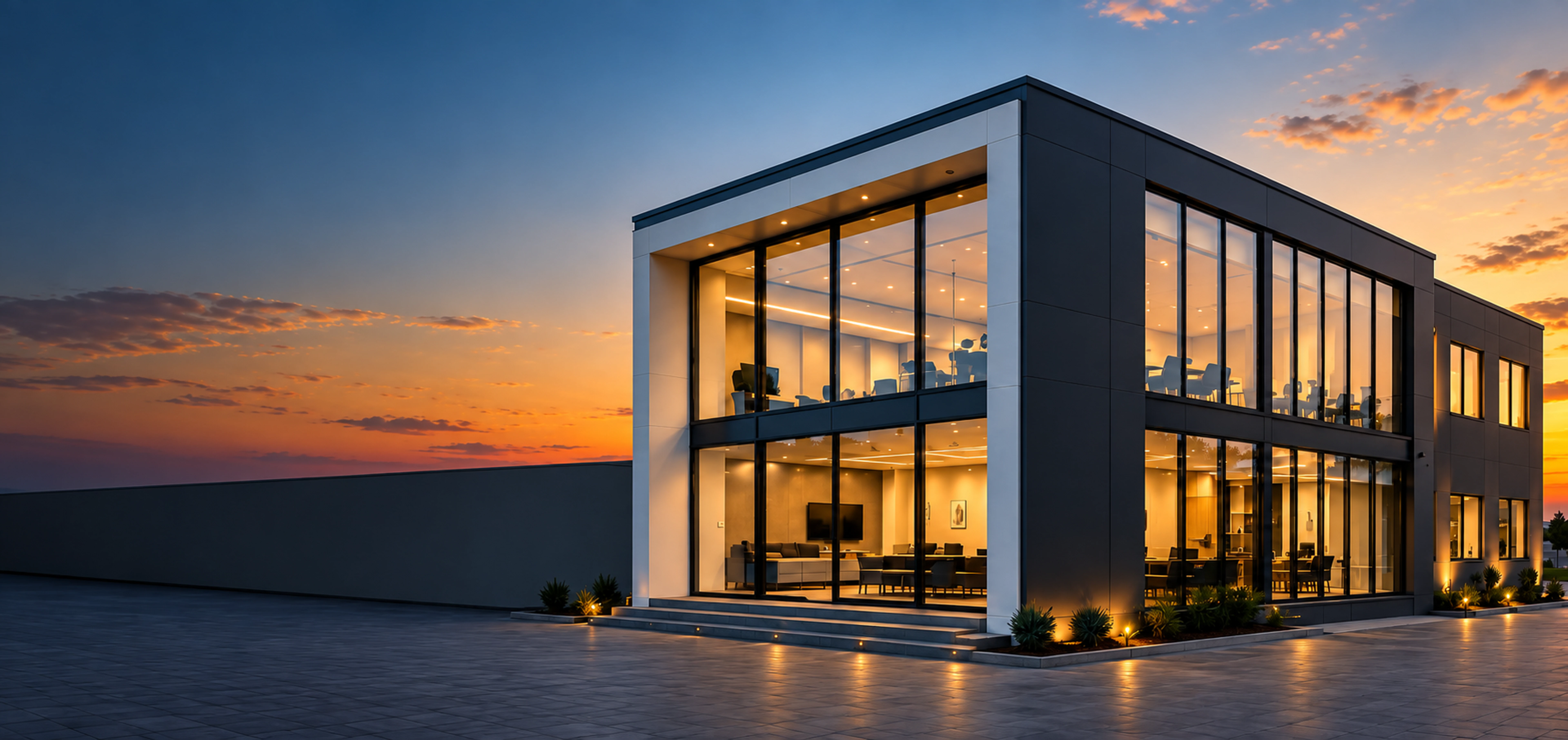 JCD Aluminium headquarters with dark facade and orange logo at sunset