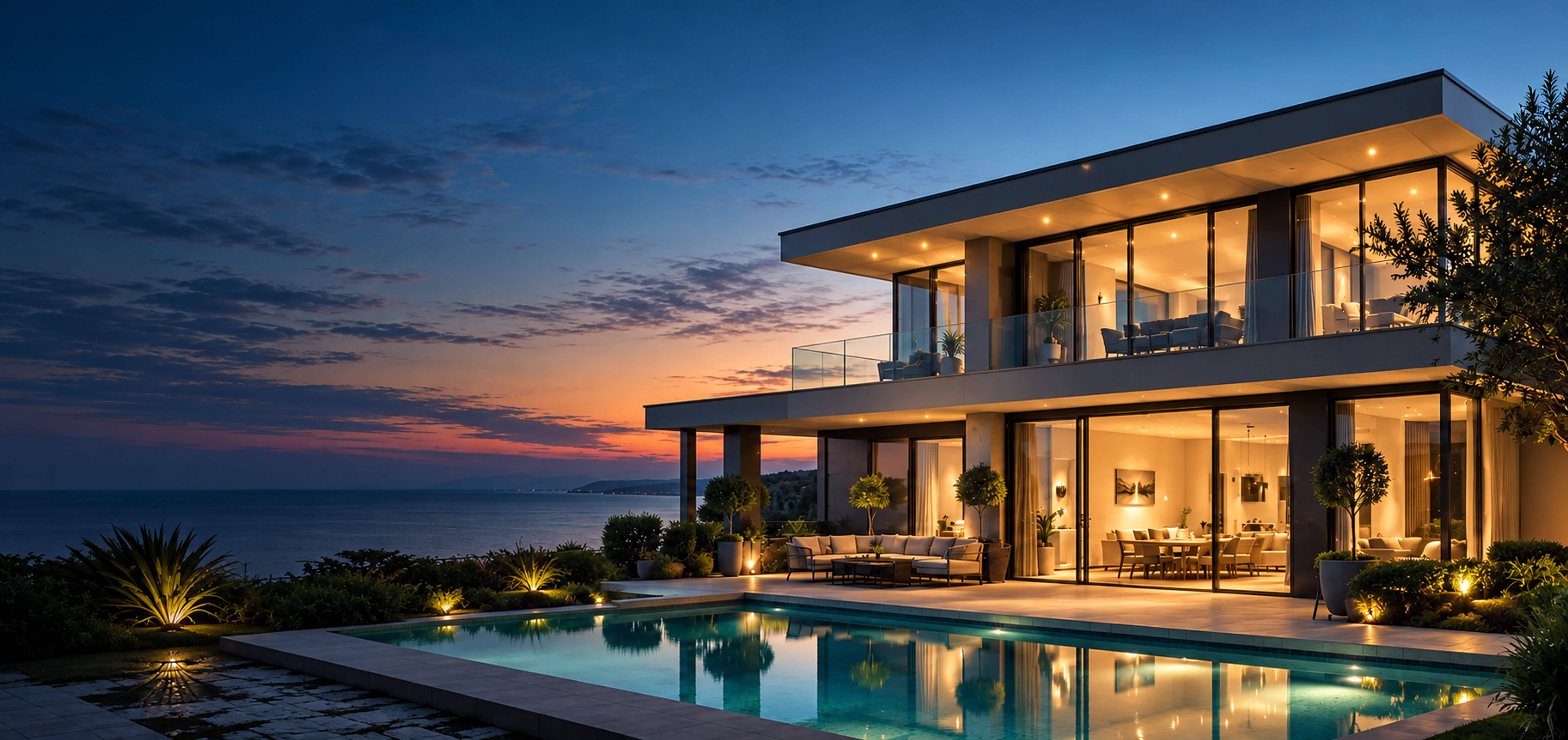 Villa terrace with panoramic aluminium glazing overlooking the sea at night