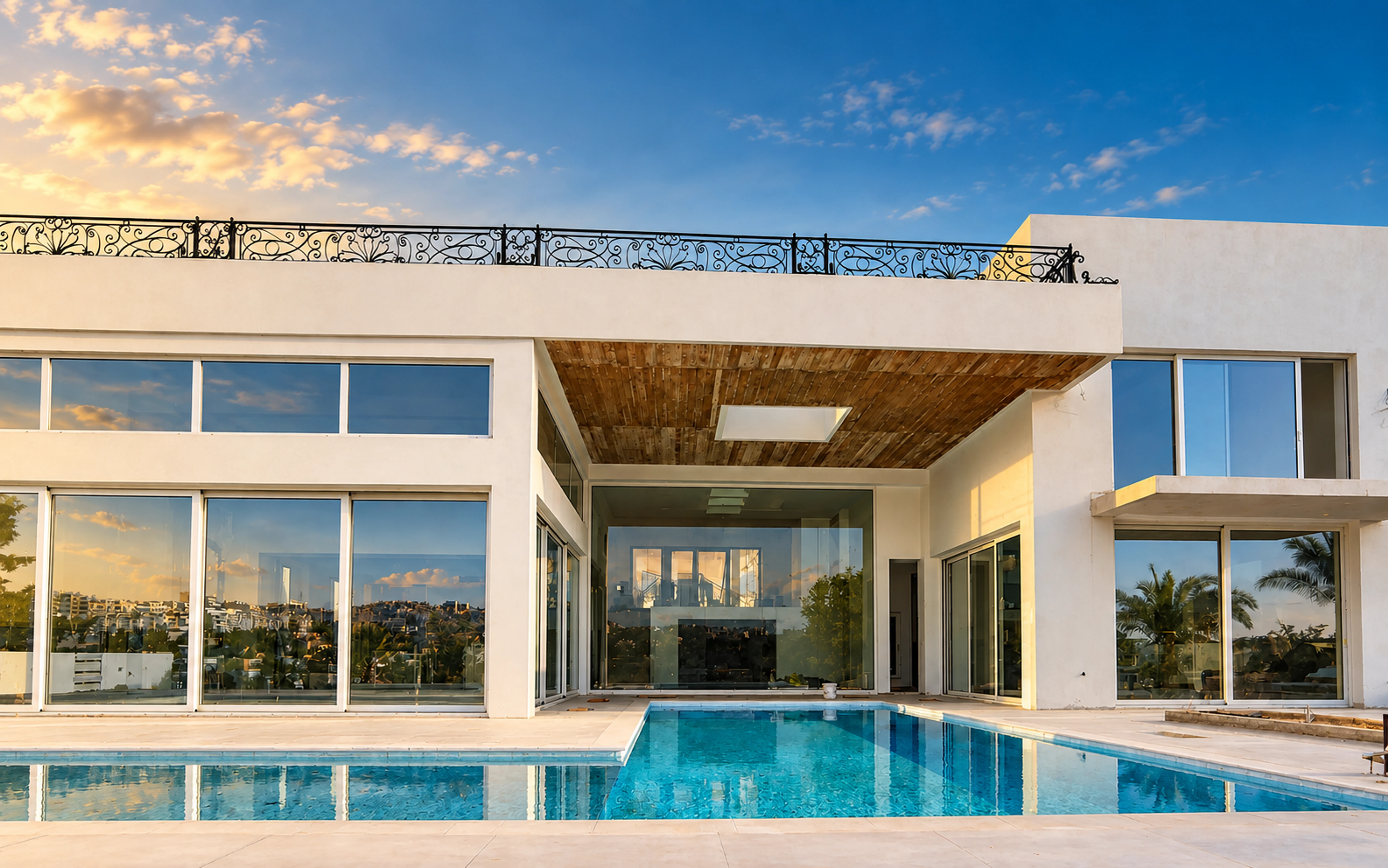 Modern villa with a full glazed elevation reflected in a pool