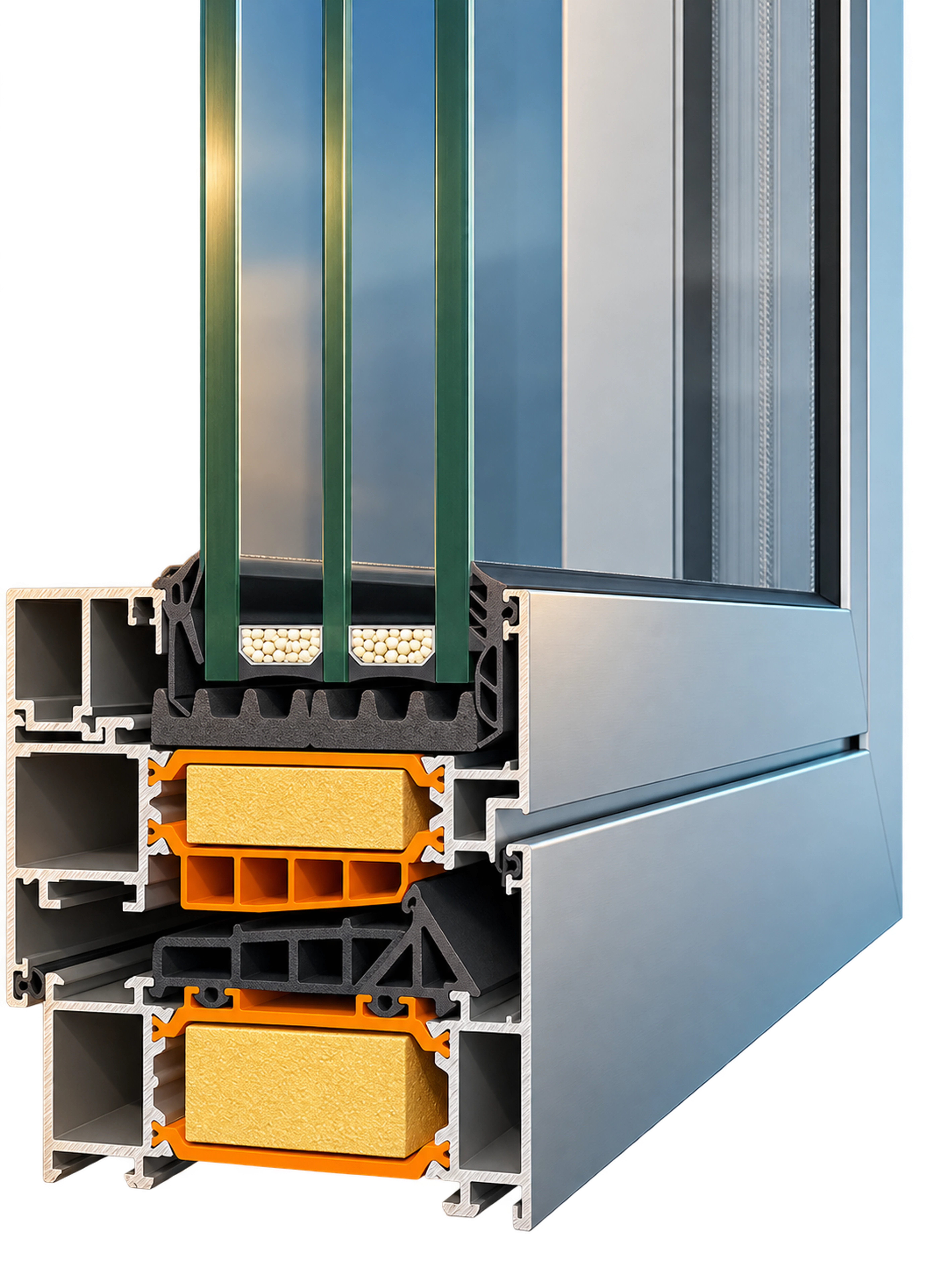 Cutaway of an Alumil SUPREME S91 thermally insulated aluminium window profile