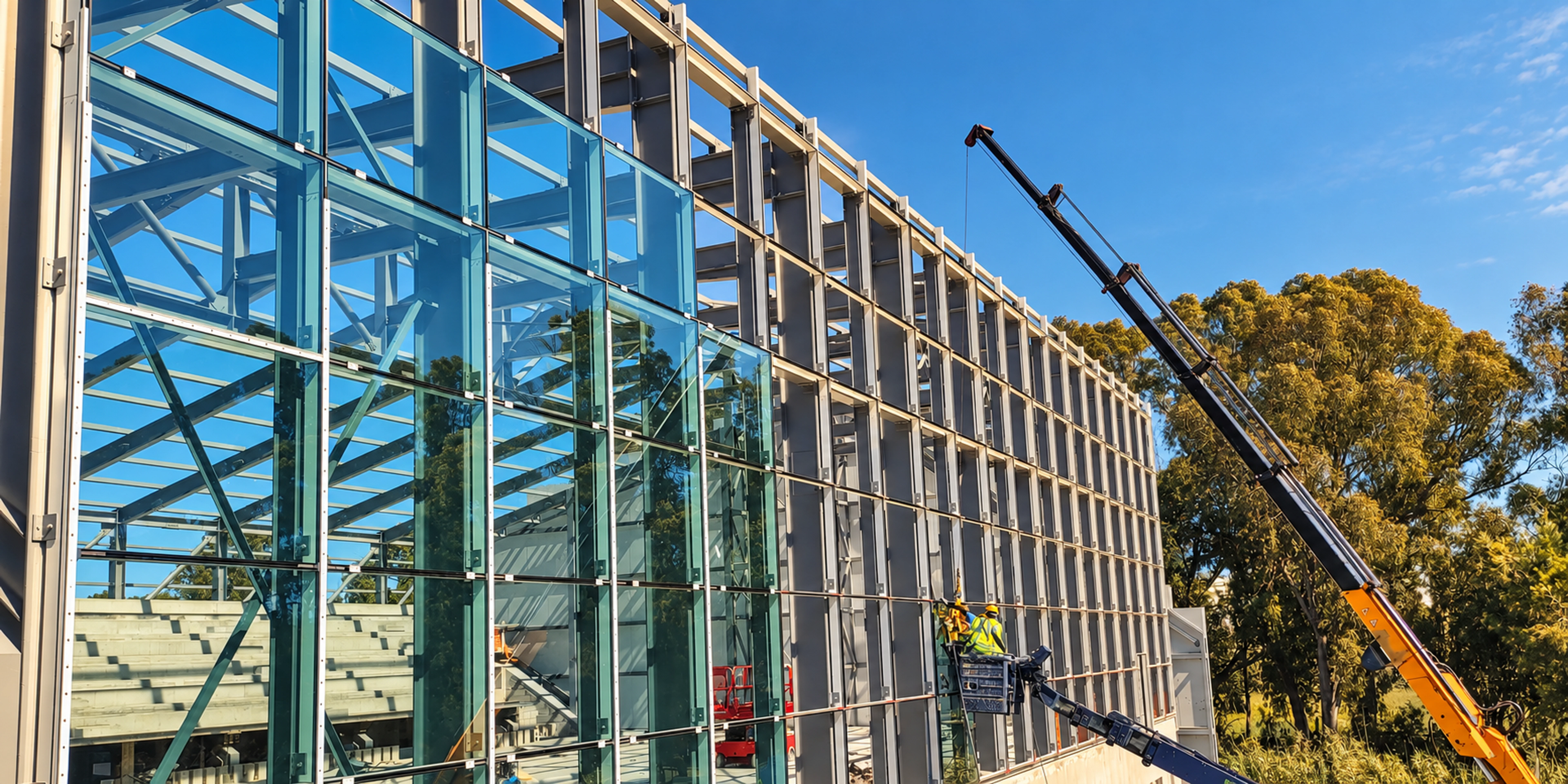 Large curtain wall installation with a mobile crane and operatives on site