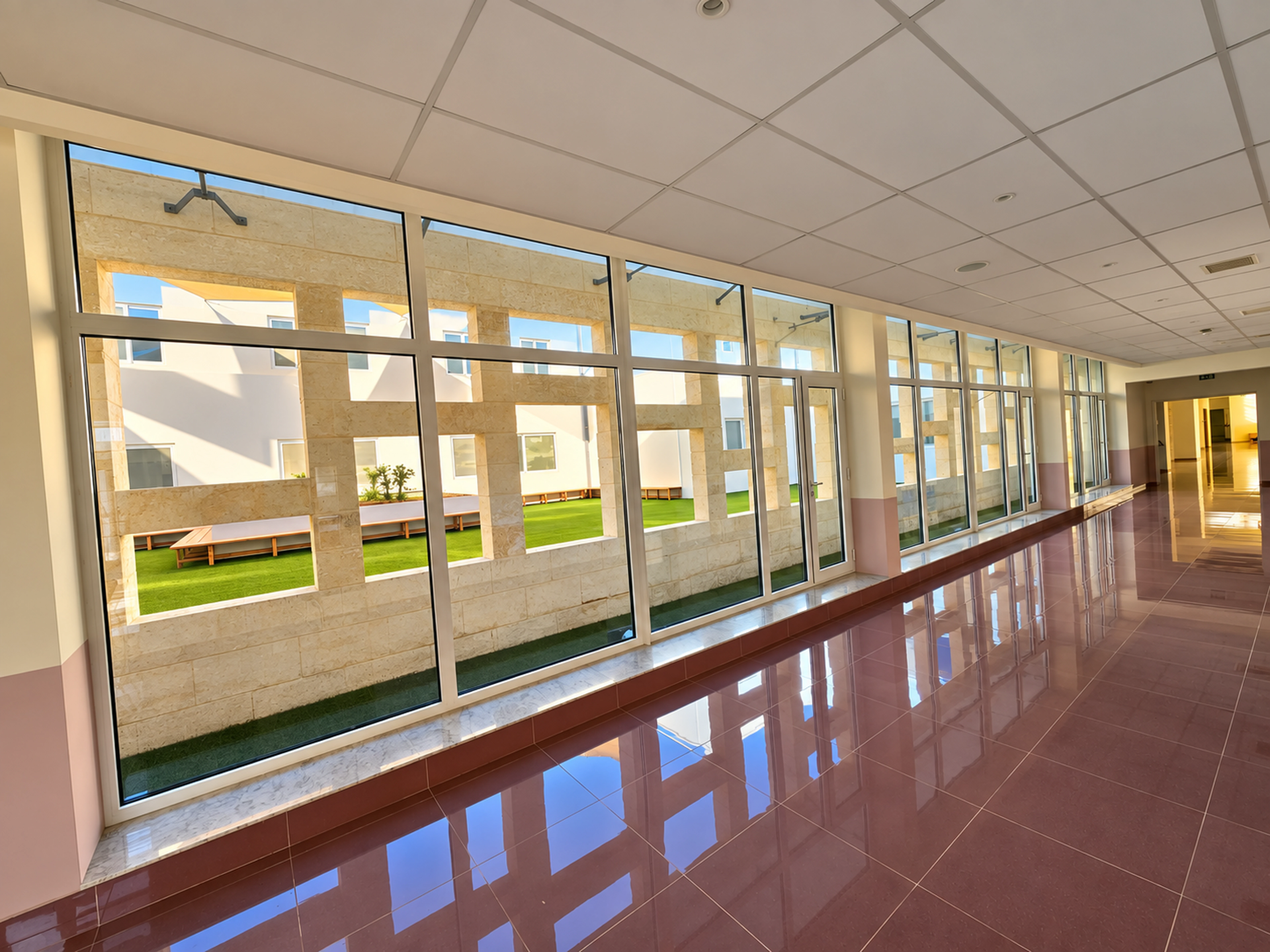 Long glazed office partition corridor