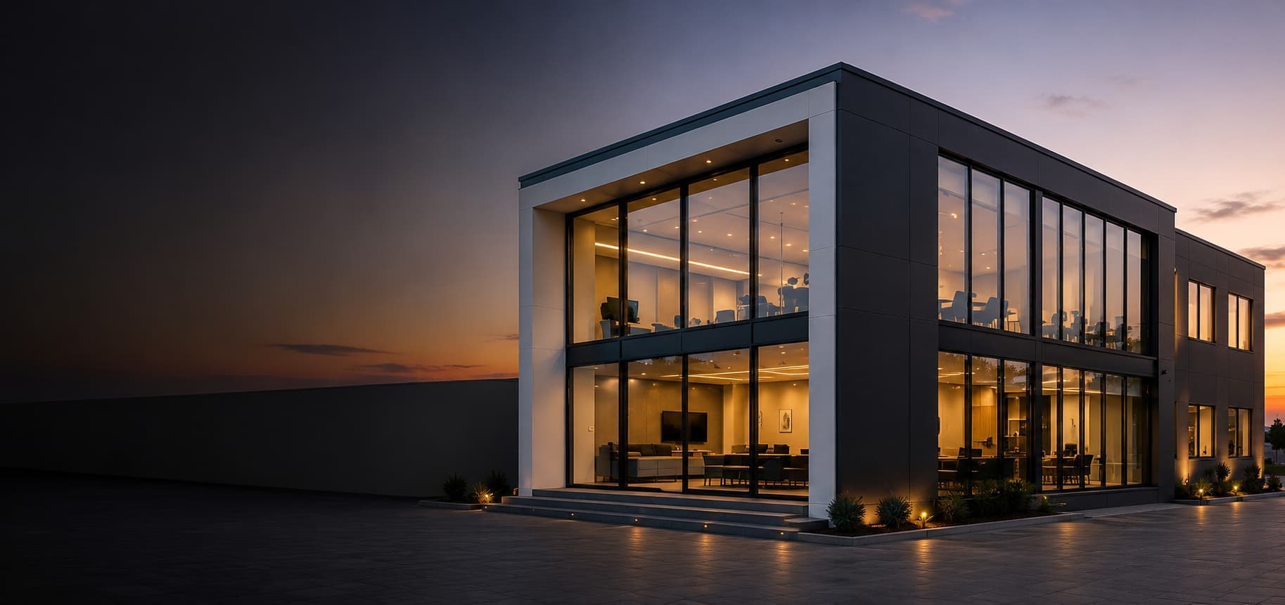 JCD Aluminium headquarters with dark facade and orange logo at sunset
