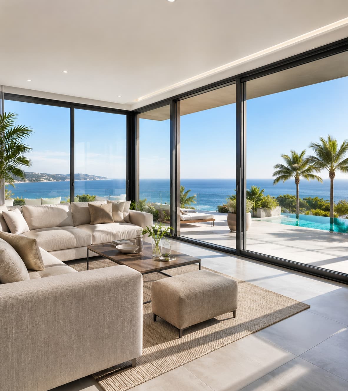 Bright living room with panoramic aluminium sliding doors overlooking the sea