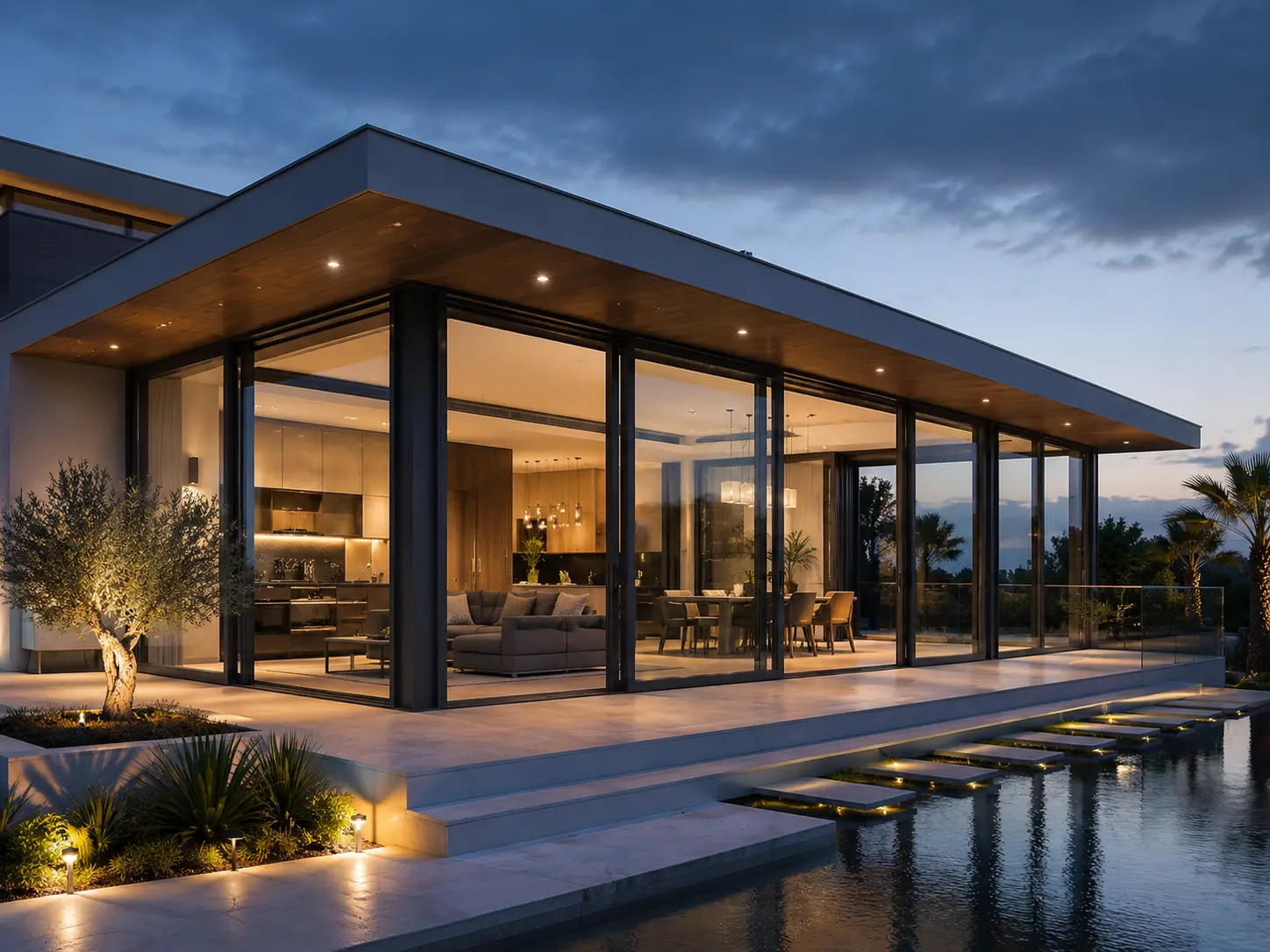 Custom glass extension with aluminium framing lit at dusk