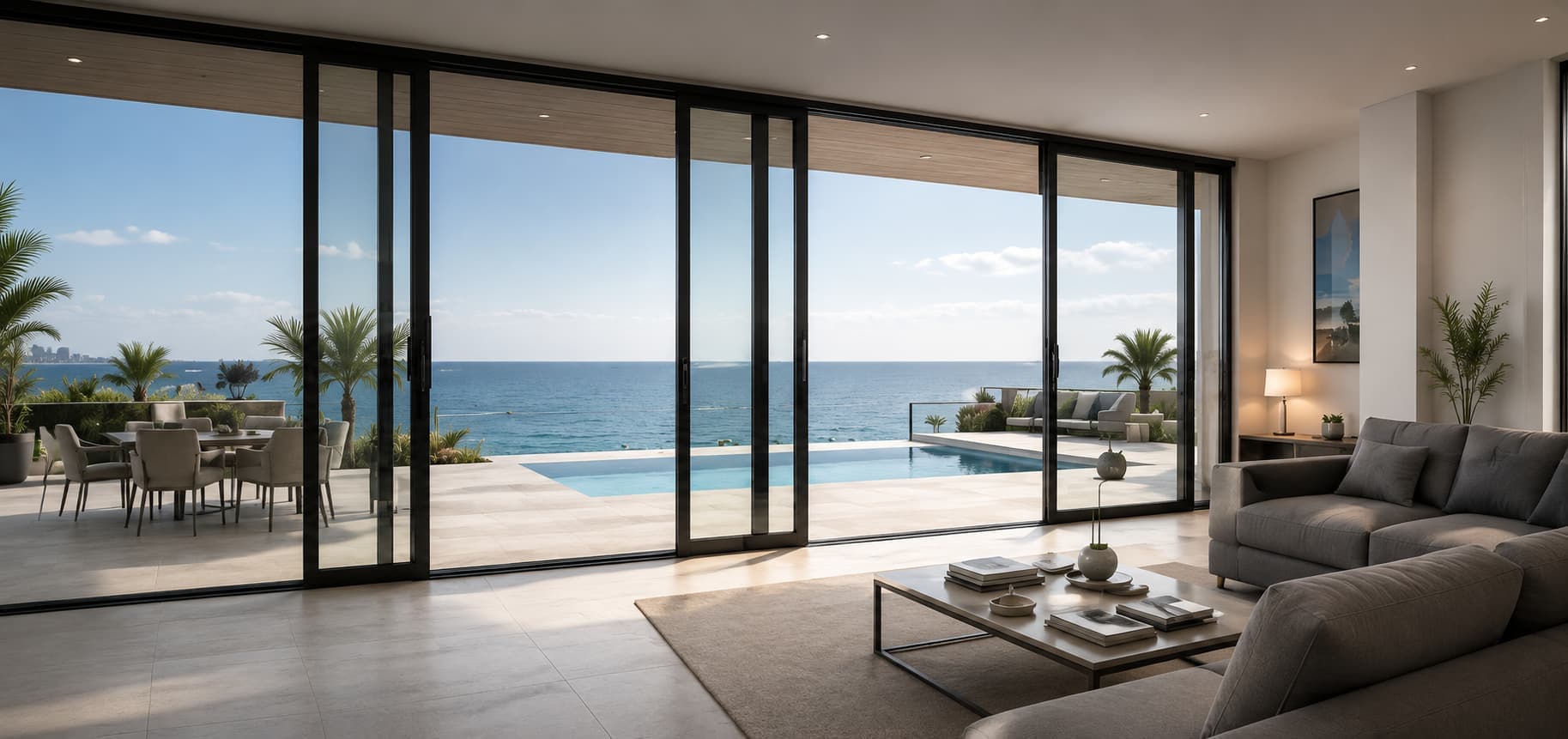 Panoramic sliding glass doors opening onto a seafront terrace with pool