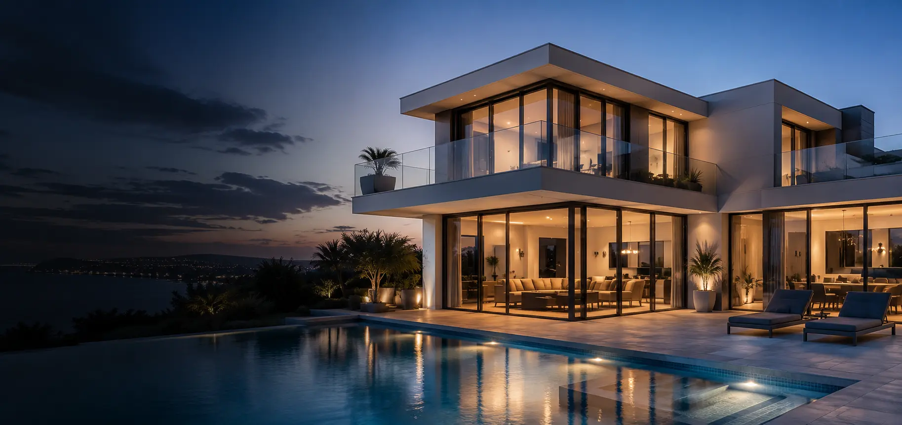 Contemporary villa with glass balustrades and aluminium glazing at dusk