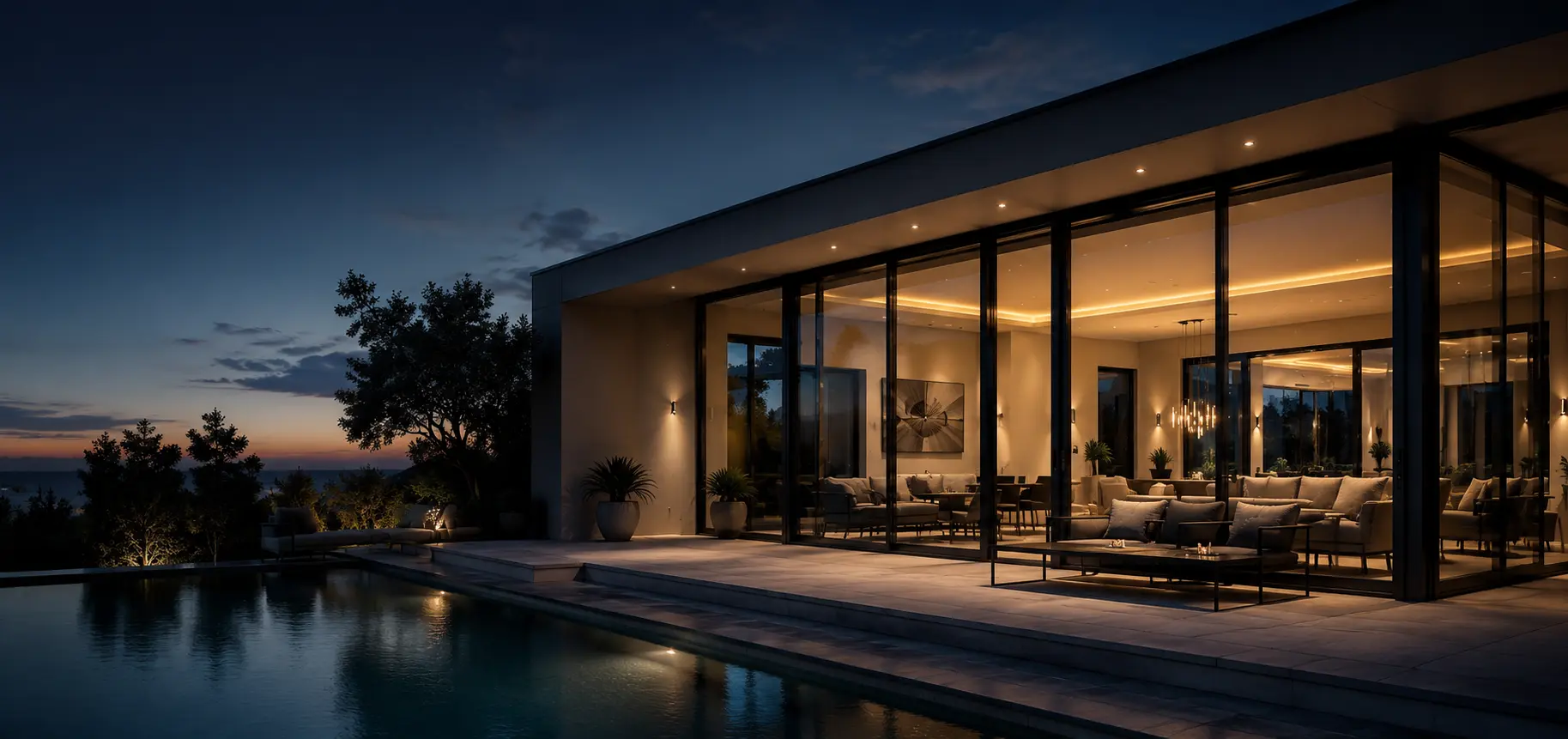 Glass pavilion with aluminium bi-fold doors lit warmly beside a pool at night