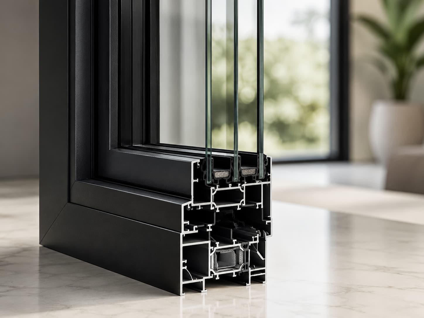 Cut-away corner section of a thermally broken aluminium window profile