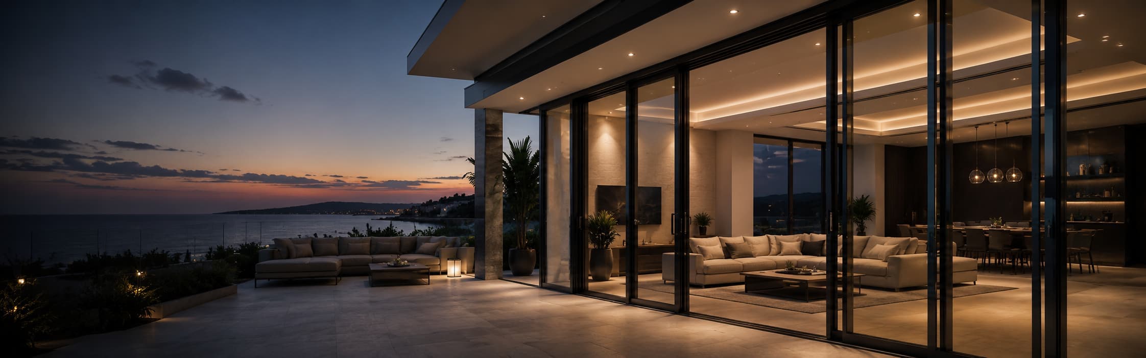 Evening living room with sea view through floor-to-ceiling aluminium glazing